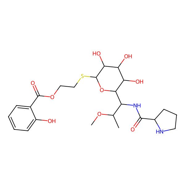 2D Structure of 2-[(2R,3R,4S,5R,6S)-3,4,5-trihydroxy-6-[(1R,2R)-2-methoxy-1-[[(2S)-pyrrolidine-2-carbonyl]amino]propyl]oxan-2-yl]sulfanylethyl 2-hydroxybenzoate