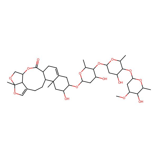 2D Structure of 7-Hydroxy-8-[4-hydroxy-5-[4-hydroxy-5-(5-hydroxy-4-methoxy-6-methyloxan-2-yl)oxy-6-methyloxan-2-yl]oxy-6-methyloxan-2-yl]oxy-5,19-dimethyl-15,18,20-trioxapentacyclo[14.5.1.04,13.05,10.019,22]docosa-1(21),10-dien-14-one