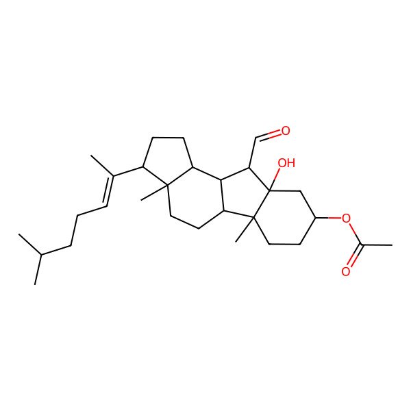 2D Structure of [(3R,3aS,5aS,5bR,8S,9aR,10R,10aS,10bS)-10-formyl-9a-hydroxy-3a,5b-dimethyl-3-[(Z)-6-methylhept-2-en-2-yl]-2,3,4,5,5a,6,7,8,9,10,10a,10b-dodecahydro-1H-cyclopenta[a]fluoren-8-yl] acetate