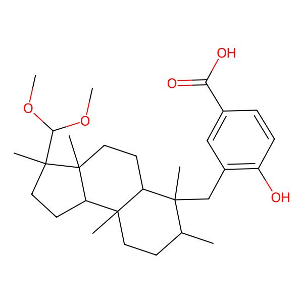 2D Structure of 3-[[(3S,3aS,5aS,6S,7S,9aR,9bR)-3-(dimethoxymethyl)-3,3a,6,7,9a-pentamethyl-2,4,5,5a,7,8,9,9b-octahydro-1H-cyclopenta[a]naphthalen-6-yl]methyl]-4-hydroxybenzoic acid