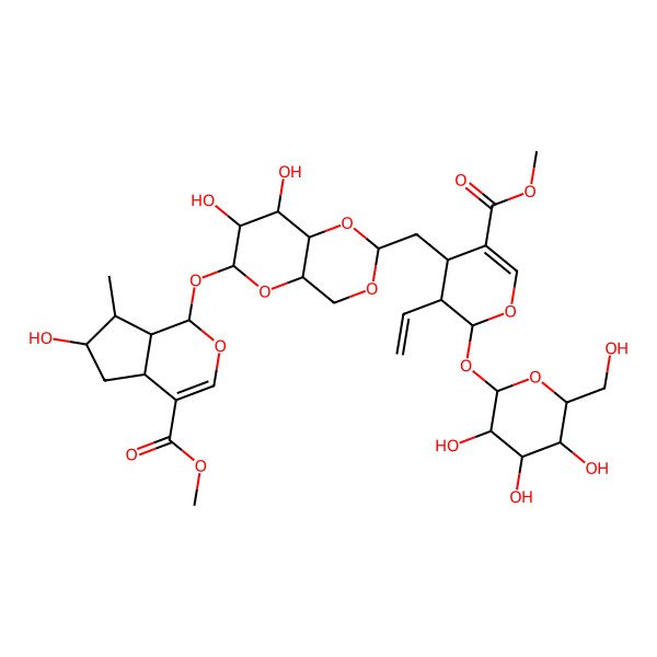 2D Structure of methyl (1S,4aS,6S,7R,7aS)-1-[[(2R,4aR,6S,7R,8R,8aS)-2-[[(2S,3R,4S)-3-ethenyl-5-methoxycarbonyl-2-[(2S,3R,4S,5S,6R)-3,4,5-trihydroxy-6-(hydroxymethyl)oxan-2-yl]oxy-3,4-dihydro-2H-pyran-4-yl]methyl]-7,8-dihydroxy-4,4a,6,7,8,8a-hexahydropyrano[3,2-d][1,3]dioxin-6-yl]oxy]-6-hydroxy-7-methyl-1,4a,5,6,7,7a-hexahydrocyclopenta[c]pyran-4-carboxylate