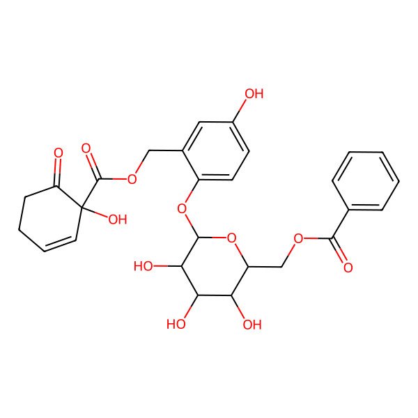 2D Structure of [(2R,3S,4S,5R,6S)-3,4,5-trihydroxy-6-[4-hydroxy-2-[[(1R)-1-hydroxy-6-oxocyclohex-2-ene-1-carbonyl]oxymethyl]phenoxy]oxan-2-yl]methyl benzoate