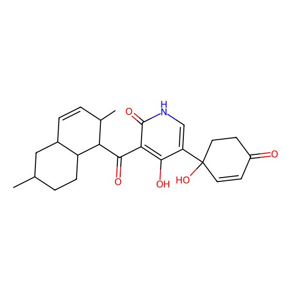 2D Structure of 3-(2,6-dimethyl-1,2,4a,5,6,7,8,8a-octahydronaphthalene-1-carbonyl)-4-hydroxy-5-(1-hydroxy-4-oxocyclohex-2-en-1-yl)-1H-pyridin-2-one