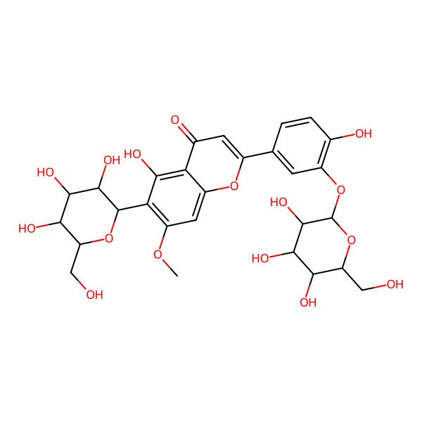 2D Structure of 5-Hydroxy-2-[4-hydroxy-3-[3,4,5-trihydroxy-6-(hydroxymethyl)oxan-2-yl]oxyphenyl]-7-methoxy-6-[3,4,5-trihydroxy-6-(hydroxymethyl)oxan-2-yl]chromen-4-one