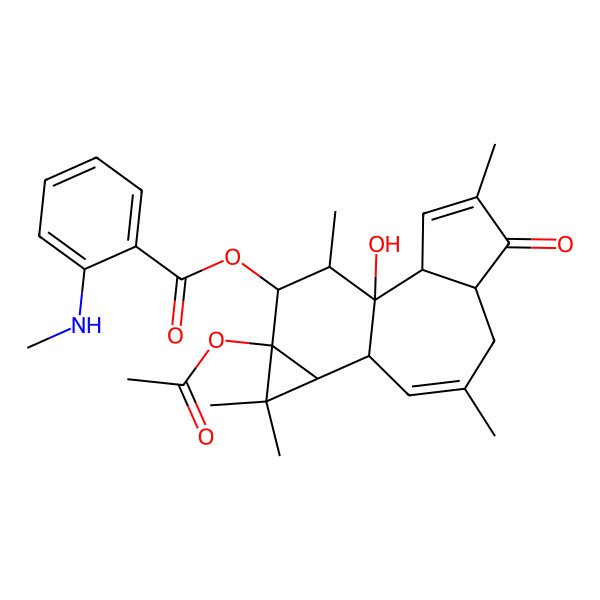 2D Structure of [(1R,2R,6R,10S,11R,13S,14R,15R)-13-acetyloxy-1-hydroxy-4,8,12,12,15-pentamethyl-5-oxo-14-tetracyclo[8.5.0.02,6.011,13]pentadeca-3,8-dienyl] 2-(methylamino)benzoate