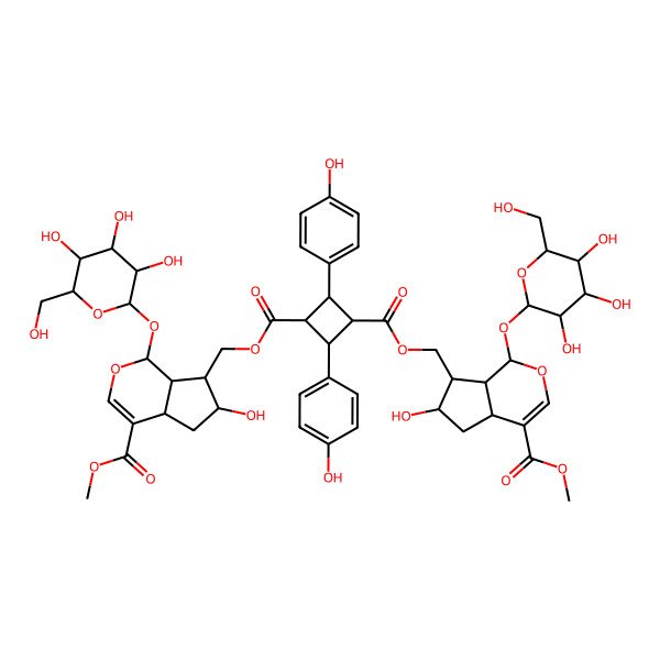 2D Structure of bis[[(1S,6S,7S)-6-hydroxy-4-methoxycarbonyl-1-[(2S,3R,4S,5S,6R)-3,4,5-trihydroxy-6-(hydroxymethyl)oxan-2-yl]oxy-1,4a,5,6,7,7a-hexahydrocyclopenta[c]pyran-7-yl]methyl] 2,4-bis(4-hydroxyphenyl)cyclobutane-1,3-dicarboxylate
