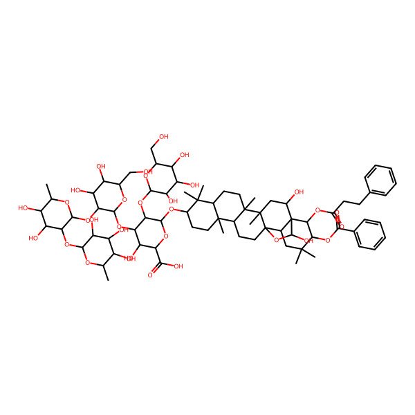 2D Structure of (3S,5S,6R)-6-[[(1R,2R,4S,5R,10S,13R,17S,21R,22R,23S)-21-benzoyloxy-2,23-dihydroxy-4,5,9,9,13,20,20-heptamethyl-22-(3-phenylpropanoyloxy)-24-oxahexacyclo[15.5.2.01,18.04,17.05,14.08,13]tetracosan-10-yl]oxy]-4-[(2S,3S,5R)-3-[(4S,6S)-4,5-dihydroxy-6-methyl-3-[(3S,5R,6S)-3,4,5-trihydroxy-6-methyloxan-2-yl]oxyoxan-2-yl]oxy-4,5-dihydroxy-6-(hydroxymethyl)oxan-2-yl]oxy-3-hydroxy-5-[(2S,3S,5S)-3,4,5-trihydroxy-6-(hydroxymethyl)oxan-2-yl]oxyoxane-2-carboxylic acid