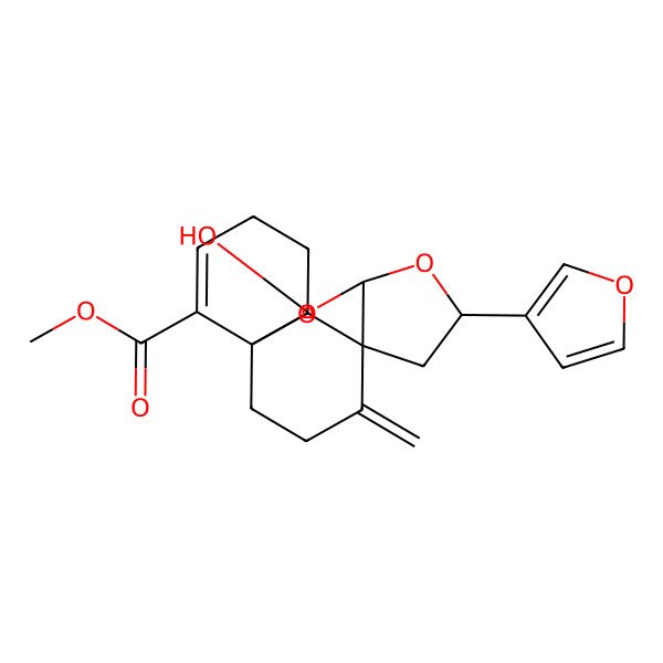 2D Structure of methyl (1R,2R,4S,6R,8R,9R)-6-(furan-3-yl)-2-hydroxy-16-methylidene-3,5-dioxatetracyclo[6.5.3.01,9.04,8]hexadec-12-ene-13-carboxylate