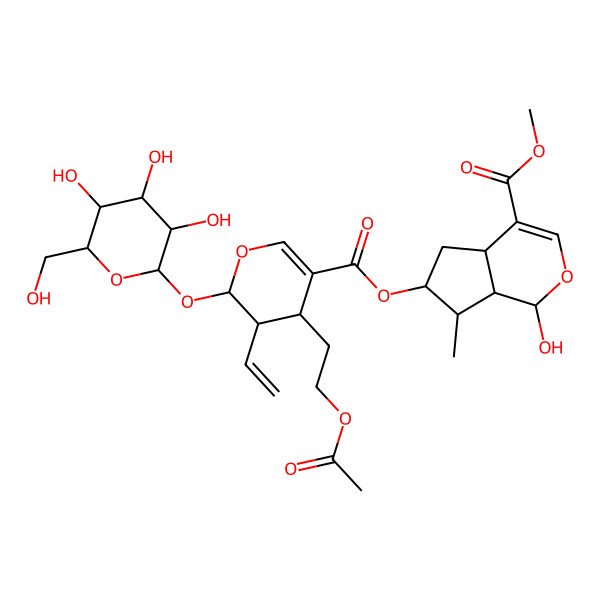 2D Structure of methyl (1R,6S,7R)-6-[(2S,4S)-4-(2-acetyloxyethyl)-3-ethenyl-2-[(2S,3R,4S,5S,6R)-3,4,5-trihydroxy-6-(hydroxymethyl)oxan-2-yl]oxy-3,4-dihydro-2H-pyran-5-carbonyl]oxy-1-hydroxy-7-methyl-1,4a,5,6,7,7a-hexahydrocyclopenta[c]pyran-4-carboxylate
