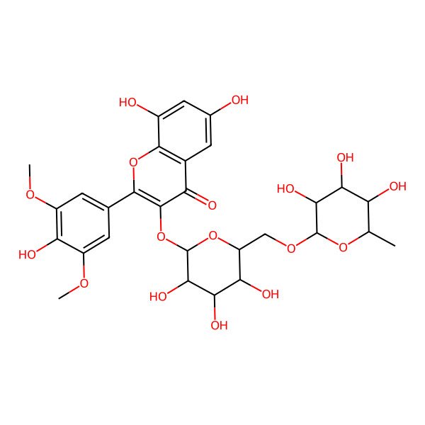 2D Structure of 6,8-Dihydroxy-2-(4-hydroxy-3,5-dimethoxyphenyl)-3-[3,4,5-trihydroxy-6-[(3,4,5-trihydroxy-6-methyloxan-2-yl)oxymethyl]oxan-2-yl]oxychromen-4-one