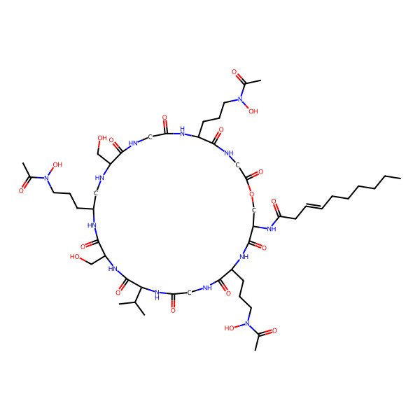 2D Structure of (Z)-N-[(12S,18S,21R,30S)-6,15,27-tris[3-[acetyl(hydroxy)amino]propyl]-12,18-bis(hydroxymethyl)-2,5,8,11,17,20,23,26,29-nonaoxo-21-propan-2-yl-1-oxa-4,7,10,13,16,19,22,25,28-nonazacyclohentriacont-30-yl]dec-3-enamide
