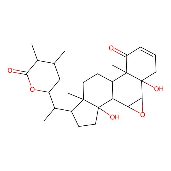 2D Structure of Ergost-2-en-26-oic acid, 6,7-epoxy-5,14,22-trihydroxy-1-oxo-, delta-lactone, (5alpha,6alpha,7alpha,22R,25R)-