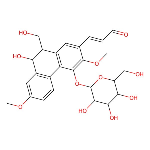 2D Structure of (E)-3-[(9R,10R)-9-hydroxy-10-(hydroxymethyl)-3,7-dimethoxy-4-[(2S,3R,4S,5S,6R)-3,4,5-trihydroxy-6-(hydroxymethyl)oxan-2-yl]oxy-9,10-dihydrophenanthren-2-yl]prop-2-enal