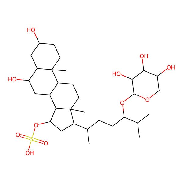 2D Structure of [(3S,6S,8R,9S,10R,13R,14S,15S,17R)-3,6-dihydroxy-10,13-dimethyl-17-[(2R)-6-methyl-5-[(2S,3R,4S,5R)-3,4,5-trihydroxyoxan-2-yl]oxyheptan-2-yl]-2,3,4,5,6,7,8,9,11,12,14,15,16,17-tetradecahydro-1H-cyclopenta[a]phenanthren-15-yl] hydrogen sulfate