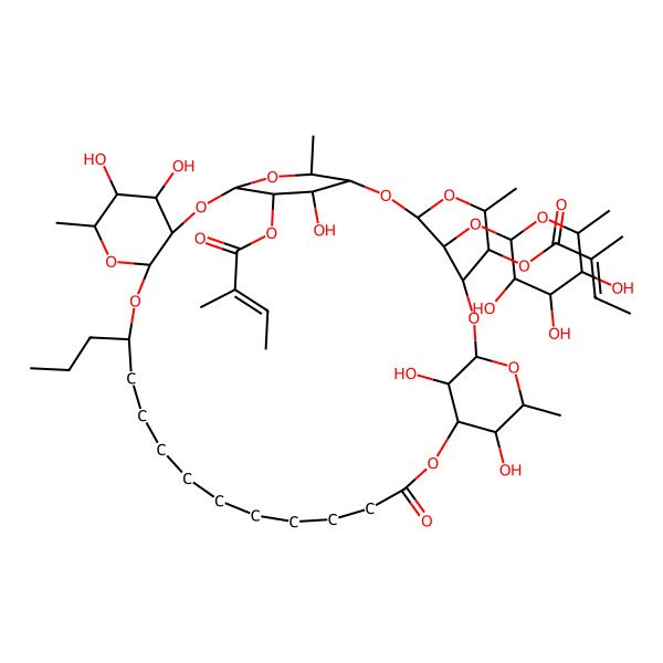 2D Structure of [12,30,31,37,39-Pentahydroxy-5,11,29,36-tetramethyl-38-(2-methylbut-2-enoyloxy)-15-oxo-25-propyl-40-(3,4,5-trihydroxy-6-methyloxan-2-yl)oxy-2,4,8,10,14,26,28,33,35-nonaoxapentacyclo[32.2.2.13,7.19,13.027,32]tetracontan-6-yl] 2-methylbut-2-enoate