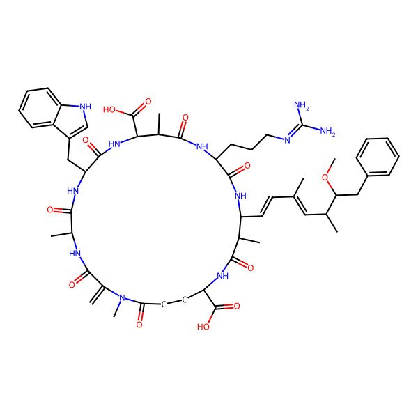 2D Structure of 15-[3-(diaminomethylideneamino)propyl]-8-(1H-indol-3-ylmethyl)-18-(6-methoxy-3,5-dimethyl-7-phenylhepta-1,3-dienyl)-1,5,12,19-tetramethyl-2-methylidene-3,6,9,13,16,20,25-heptaoxo-1,4,7,10,14,17,21-heptazacyclopentacosane-11,22-dicarboxylic acid