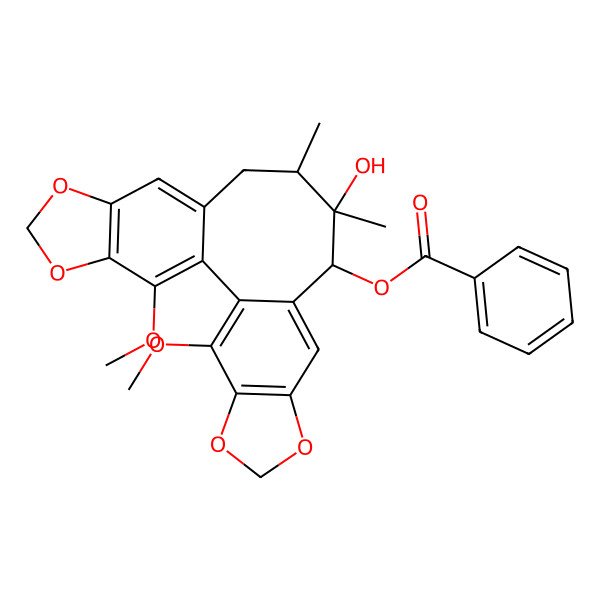 2D Structure of [(11R,12S,13S)-12-hydroxy-3,22-dimethoxy-12,13-dimethyl-5,7,18,20-tetraoxapentacyclo[13.7.0.02,10.04,8.017,21]docosa-1(22),2,4(8),9,15,17(21)-hexaen-11-yl] benzoate