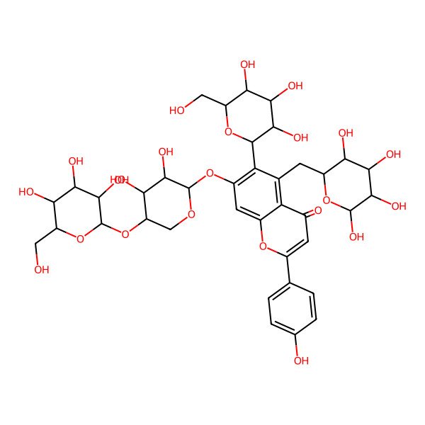 2D Structure of 7-[(2R,3R,4R,5S)-3,4-dihydroxy-5-[(2R,3R,4S,5S,6R)-3,4,5-trihydroxy-6-(hydroxymethyl)oxan-2-yl]oxyoxan-2-yl]oxy-2-(4-hydroxyphenyl)-5-[[(2S,3R,4R,5R,6R)-3,4,5,6-tetrahydroxyoxan-2-yl]methyl]-6-[(2S,3R,4R,5S,6S)-3,4,5-trihydroxy-6-(hydroxymethyl)oxan-2-yl]chromen-4-one