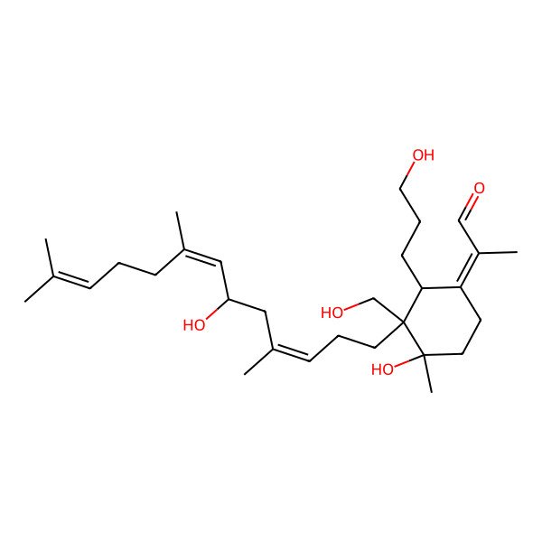 2D Structure of 2-[4-Hydroxy-3-(hydroxymethyl)-2-(3-hydroxypropyl)-3-(6-hydroxy-4,8,12-trimethyltrideca-3,7,11-trienyl)-4-methylcyclohexylidene]propanal