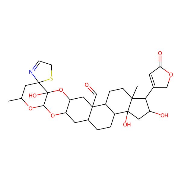 2D Structure of 10,20,22-trihydroxy-7,18-dimethyl-19-(5-oxo-2H-furan-3-yl)spiro[4,6,11-trioxahexacyclo[12.11.0.03,12.05,10.015,23.018,22]pentacosane-9,2'-5H-1,3-thiazole]-14-carbaldehyde