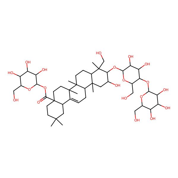 2D Structure of [(2S,3R,4S,5S,6R)-3,4,5-trihydroxy-6-(hydroxymethyl)oxan-2-yl] (4aS,6aR,6aS,6bR,8aR,9R,10R,11S,12aR,14bS)-10-[(2R,3R,4R,5S,6R)-3,4-dihydroxy-6-(hydroxymethyl)-5-[(2S,3R,4S,5S,6R)-3,4,5-trihydroxy-6-(hydroxymethyl)oxan-2-yl]oxyoxan-2-yl]oxy-11-hydroxy-9-(hydroxymethyl)-2,2,6a,6b,9,12a-hexamethyl-1,3,4,5,6,6a,7,8,8a,10,11,12,13,14b-tetradecahydropicene-4a-carboxylate