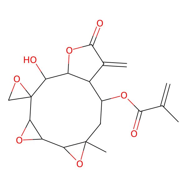 2D Structure of (11-Hydroxy-4-methyl-15-methylidene-14-oxospiro[5,8,13-trioxatetracyclo[10.3.0.04,6.07,9]pentadecane-10,2'-oxirane]-2-yl) 2-methylprop-2-enoate