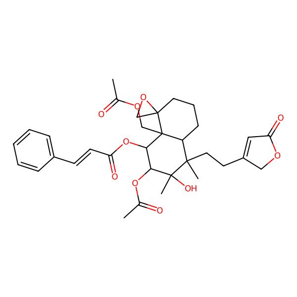2D Structure of [(1R,2S,3R,4R,4aR,8R,8aR)-2-acetyloxy-8a-(acetyloxymethyl)-3-hydroxy-3,4-dimethyl-4-[2-(5-oxo-2H-furan-3-yl)ethyl]spiro[1,2,4a,5,6,7-hexahydronaphthalene-8,2'-oxirane]-1-yl] (E)-3-phenylprop-2-enoate