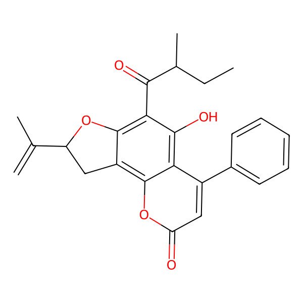 2D Structure of (8S)-5-hydroxy-6-[(2R)-2-methylbutanoyl]-4-phenyl-8-prop-1-en-2-yl-8,9-dihydrofuro[2,3-h]chromen-2-one