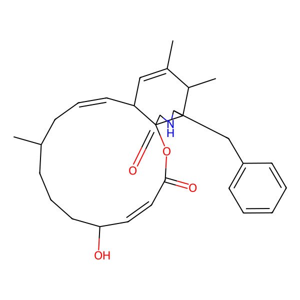 2D Structure of (1R,4Z,6R,10R,12Z,14S,17S,18S,19S)-19-benzyl-6-hydroxy-10,16,17-trimethyl-2-oxa-20-azatricyclo[12.7.0.01,18]henicosa-4,12,15-triene-3,21-dione
