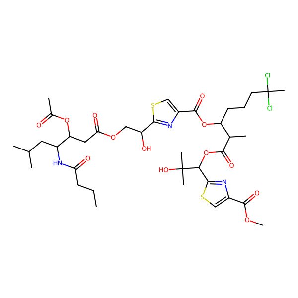 2D Structure of [7,7-Dichloro-1-[2-hydroxy-1-(4-methoxycarbonyl-1,3-thiazol-2-yl)-2-methylpropoxy]-2-methyl-1-oxooctan-3-yl] 2-[2-[3-acetyloxy-4-(butanoylamino)-6-methylheptanoyl]oxy-1-hydroxyethyl]-1,3-thiazole-4-carboxylate