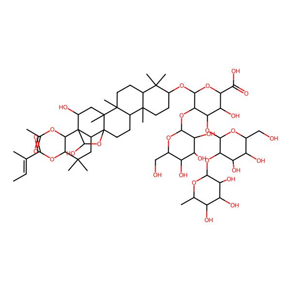 2D Structure of (2S,3S,4S,5R,6R)-6-[[(1R,2R,4S,5R,8R,10S,13R,14R,17S,18R,21R,22R,23S)-22-acetyloxy-2,23-dihydroxy-4,5,9,9,13,20,20-heptamethyl-21-[(Z)-2-methylbut-2-enoyl]oxy-24-oxahexacyclo[15.5.2.01,18.04,17.05,14.08,13]tetracosan-10-yl]oxy]-4-[(2S,3R,4S,5R,6R)-4,5-dihydroxy-6-(hydroxymethyl)-3-[(2S,3R,4R,5R,6S)-3,4,5-trihydroxy-6-methyloxan-2-yl]oxyoxan-2-yl]oxy-3-hydroxy-5-[(2S,3R,4S,5R,6R)-3,4,5-trihydroxy-6-(hydroxymethyl)oxan-2-yl]oxyoxane-2-carboxylic acid