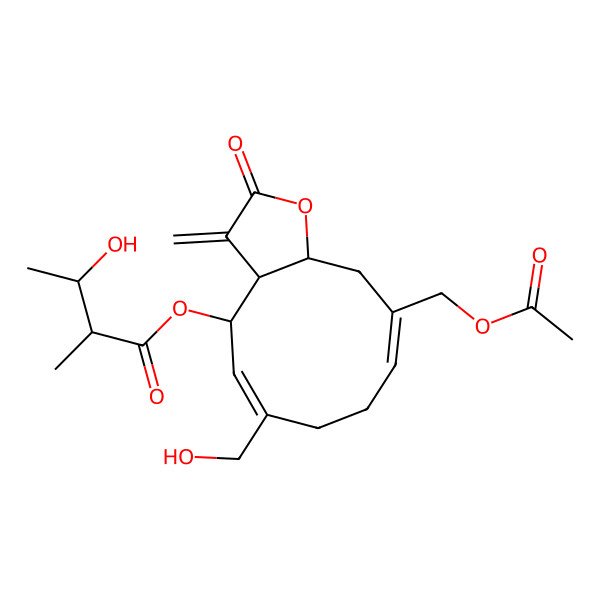 2D Structure of [(3aR,4R,5Z,9Z,11aS)-10-(acetyloxymethyl)-6-(hydroxymethyl)-3-methylidene-2-oxo-3a,4,7,8,11,11a-hexahydrocyclodeca[b]furan-4-yl] (2R,3S)-3-hydroxy-2-methylbutanoate