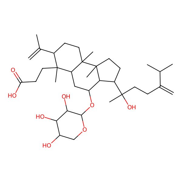 2D Structure of 3-[(3S,3aR,4R,5aR,6S,7S,9aR,9bR)-3-[(2S)-2-hydroxy-6-methyl-5-methylideneheptan-2-yl]-6,9a,9b-trimethyl-7-prop-1-en-2-yl-4-[(2S,3R,4S,5R)-3,4,5-trihydroxyoxan-2-yl]oxy-1,2,3,3a,4,5,5a,7,8,9-decahydrocyclopenta[a]naphthalen-6-yl]propanoic acid