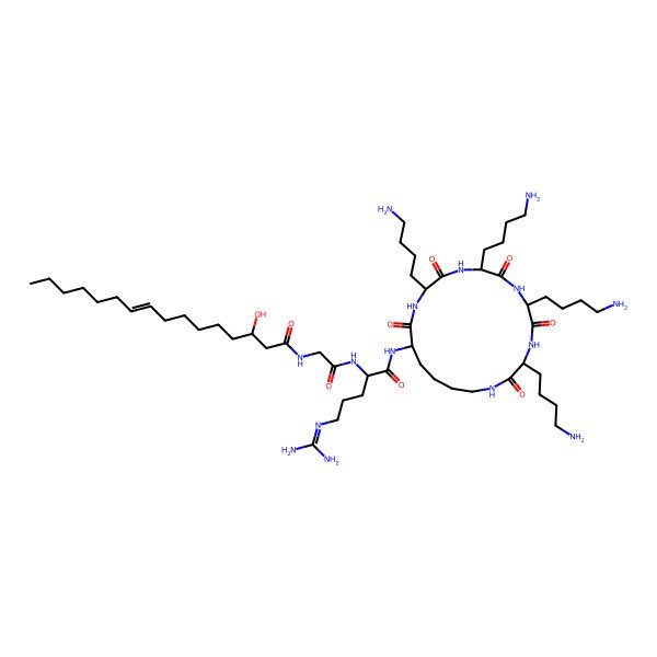 2D Structure of N-[2-[[5-(diaminomethylideneamino)-1-oxo-1-[[3,6,9,12-tetrakis(4-aminobutyl)-2,5,8,11,14-pentaoxo-1,4,7,10,13-pentazacyclononadec-15-yl]amino]pentan-2-yl]amino]-2-oxoethyl]-3-hydroxyhexadec-9-enamide