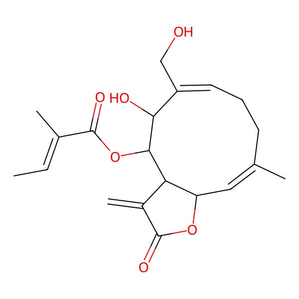 2D Structure of [(3aS,4S,5R,6E,10E,11aR)-5-hydroxy-6-(hydroxymethyl)-10-methyl-3-methylidene-2-oxo-3a,4,5,8,9,11a-hexahydrocyclodeca[b]furan-4-yl] (Z)-2-methylbut-2-enoate