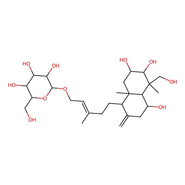 2D Structure of (2R,3R,4S,5S,6R)-2-[(E)-5-[(1S,4S,4aR,5S,6R,7R,8aR)-4,6,7-trihydroxy-5-(hydroxymethyl)-5,8a-dimethyl-2-methylidene-3,4,4a,6,7,8-hexahydro-1H-naphthalen-1-yl]-3-methylpent-2-enoxy]-6-(hydroxymethyl)oxane-3,4,5-triol