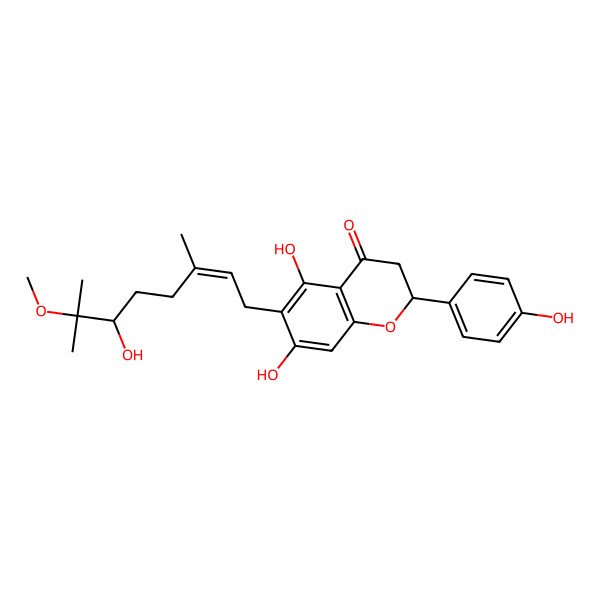 2D Structure of (2S)-5,7-dihydroxy-6-[(E)-6-hydroxy-7-methoxy-3,7-dimethyloct-2-enyl]-2-(4-hydroxyphenyl)-2,3-dihydrochromen-4-one
