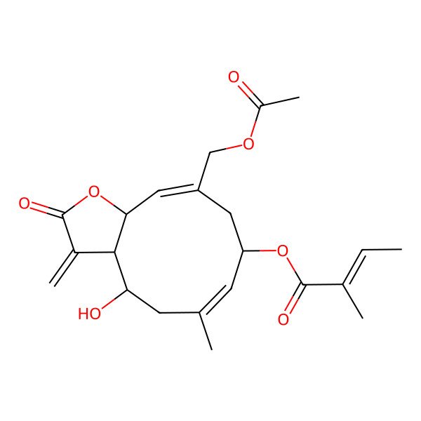 2D Structure of [(3aR,4R,6E,8S,10Z,11aR)-10-(acetyloxymethyl)-4-hydroxy-6-methyl-3-methylidene-2-oxo-3a,4,5,8,9,11a-hexahydrocyclodeca[b]furan-8-yl] (Z)-2-methylbut-2-enoate