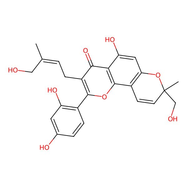 2D Structure of (8S)-2-(2,4-dihydroxyphenyl)-5-hydroxy-8-(hydroxymethyl)-3-[(Z)-4-hydroxy-3-methylbut-2-enyl]-8-methylpyrano[2,3-h]chromen-4-one