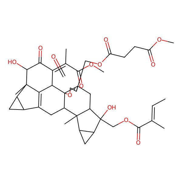 2D Structure of 4-O-[[9,21-dihydroxy-23-(1-methoxy-1-oxopropan-2-ylidene)-13,20-dimethyl-9-(2-methylbut-2-enoyloxymethyl)-4,22-dioxo-3-oxaoctacyclo[14.7.1.02,6.02,14.08,13.010,12.017,19.020,24]tetracosa-5,16(24)-dien-5-yl]methyl] 1-O-methyl butanedioate
