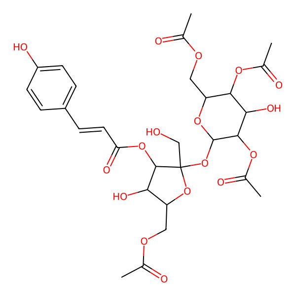 2D Structure of [(2S,3S,4R,5R)-5-(acetyloxymethyl)-2-[(2R,3R,4S,5S,6R)-3,5-diacetyloxy-6-(acetyloxymethyl)-4-hydroxyoxan-2-yl]oxy-4-hydroxy-2-(hydroxymethyl)oxolan-3-yl] (E)-3-(4-hydroxyphenyl)prop-2-enoate