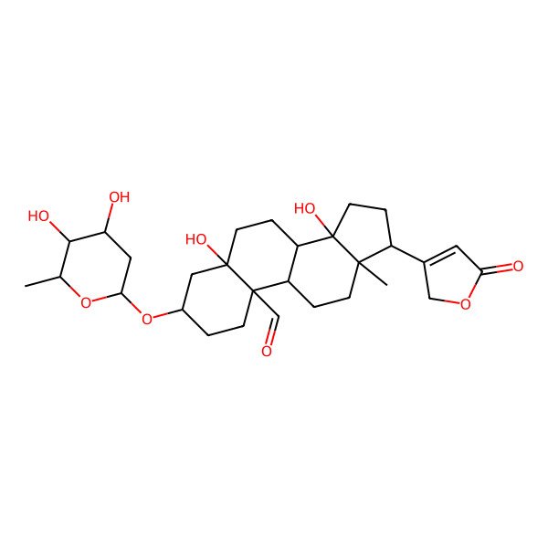2D Structure of (3R,5S,10S,13R,14S,17R)-3-[(2R,5S)-4,5-dihydroxy-6-methyloxan-2-yl]oxy-5,14-dihydroxy-13-methyl-17-(5-oxo-2H-furan-3-yl)-2,3,4,6,7,8,9,11,12,15,16,17-dodecahydro-1H-cyclopenta[a]phenanthrene-10-carbaldehyde