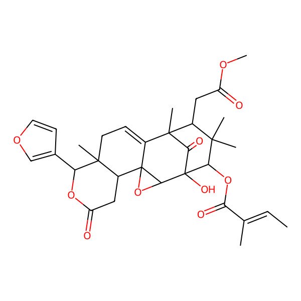 2D Structure of [(1S,2R,4S,5R,9R,10R,14S,15S,17S)-9-(furan-3-yl)-1-hydroxy-15-(2-methoxy-2-oxoethyl)-10,14,16,16-tetramethyl-7,18-dioxo-3,8-dioxapentacyclo[12.3.1.02,4.04,13.05,10]octadec-12-en-17-yl] (Z)-2-methylbut-2-enoate
