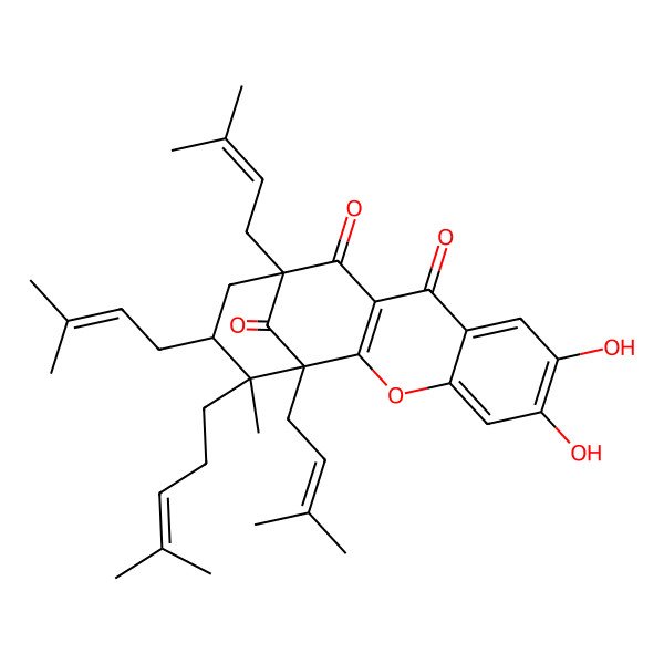 2D Structure of 6,7-Dihydroxy-16-methyl-1,13,15-tris(3-methylbut-2-enyl)-16-(4-methylpent-3-enyl)-3-oxatetracyclo[11.3.1.02,11.04,9]heptadeca-2(11),4,6,8-tetraene-10,12,17-trione
