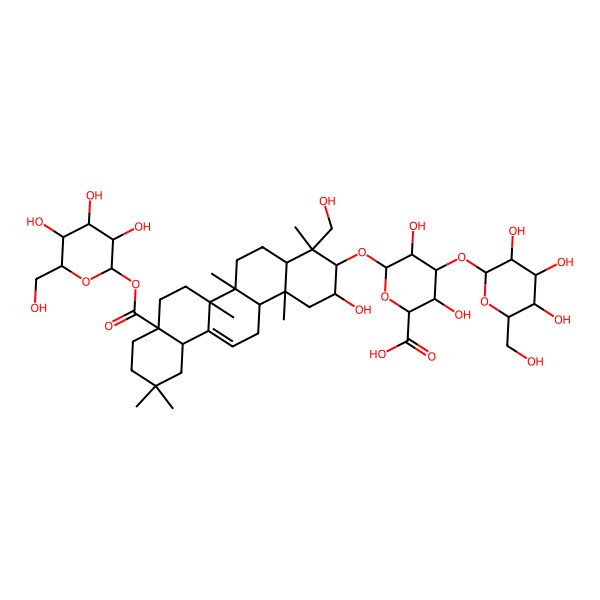 2D Structure of 3,5-Dihydroxy-6-[[2-hydroxy-4-(hydroxymethyl)-4,6a,6b,11,11,14b-hexamethyl-8a-[3,4,5-trihydroxy-6-(hydroxymethyl)oxan-2-yl]oxycarbonyl-1,2,3,4a,5,6,7,8,9,10,12,12a,14,14a-tetradecahydropicen-3-yl]oxy]-4-[3,4,5-trihydroxy-6-(hydroxymethyl)oxan-2-yl]oxyoxane-2-carboxylic acid