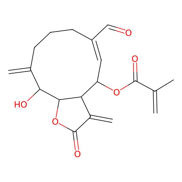 2D Structure of [(3aR,4S,5E,11S,11aS)-6-formyl-11-hydroxy-3,10-dimethylidene-2-oxo-4,7,8,9,11,11a-hexahydro-3aH-cyclodeca[b]furan-4-yl] 2-methylprop-2-enoate