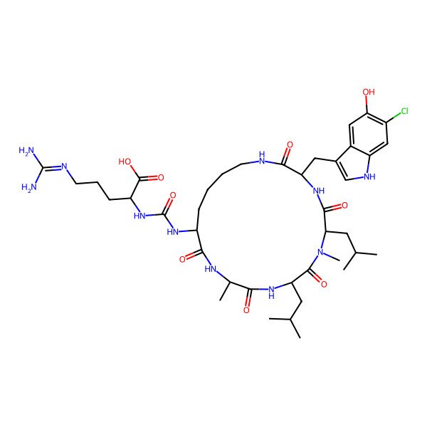 2D Structure of 2-[[3-[(6-chloro-5-hydroxy-1H-indol-3-yl)methyl]-7,12-dimethyl-6,9-bis(2-methylpropyl)-2,5,8,11,14-pentaoxo-1,4,7,10,13-pentazacyclononadec-15-yl]carbamoylamino]-5-(diaminomethylideneamino)pentanoic acid