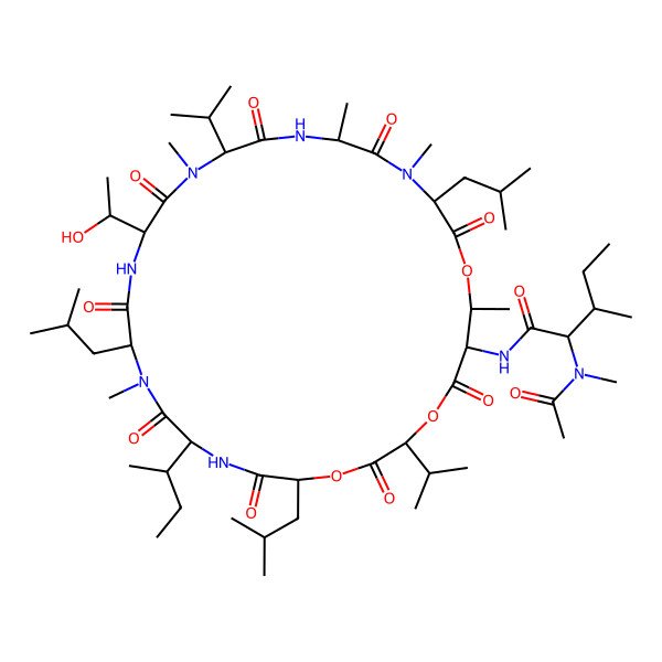 2D Structure of Pentanamide, 2-(acetylmethylamino)-N-[14-(1-hydroxyethyl)-10,16,20,22,26-pentamethyl-2,17-bis(1-methylethyl)-8-(1-methylpropyl)-5,11,23-tris(2-methylpropyl)-3,6,9,12,15,18,21,24,28-nonaoxo-1,4,25-trioxa-7,10,13,16,19,22-hexaazacyclooctacos-27-yl]-3-methyl-