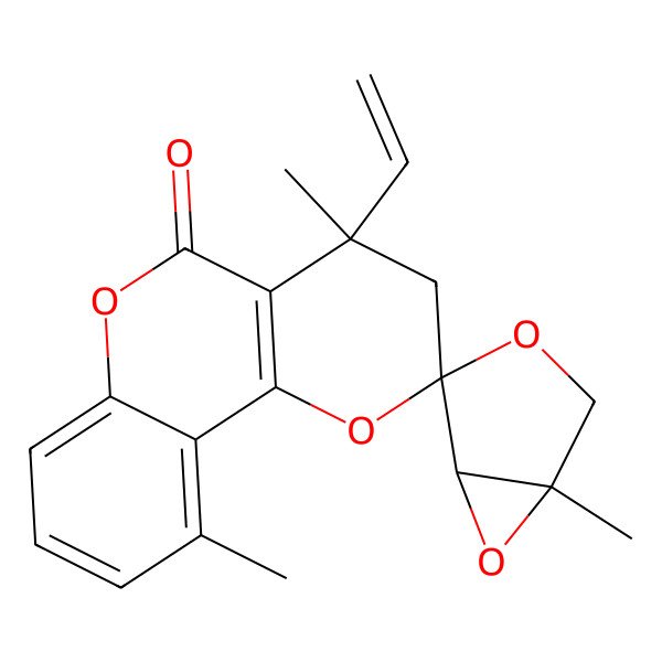 2D Structure of (1S,4R,4'R,5S)-4'-ethenyl-1,4',10'-trimethylspiro[3,6-dioxabicyclo[3.1.0]hexane-4,2'-3H-pyrano[3,2-c]chromene]-5'-one