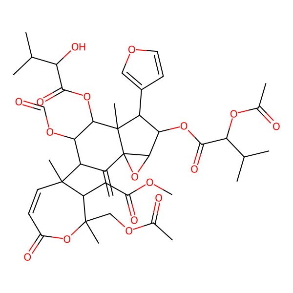 2D Structure of [(1aR,2R,3S,3aR,4R,5R,6R,7aS)-2-(2-acetyloxy-3-methylbutanoyl)oxy-6-[(2R,3R,4R)-2-(acetyloxymethyl)-3-(2-methoxy-2-oxoethyl)-2,4-dimethyl-7-oxo-3H-oxepin-4-yl]-5-formyloxy-3-(furan-3-yl)-3a-methyl-7-methylidene-1a,2,3,4,5,6-hexahydroindeno[1,7a-b]oxiren-4-yl] 2-hydroxy-3-methylbutanoate